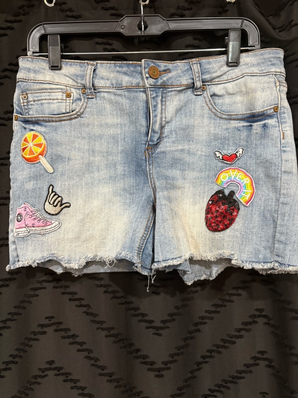 Indigo Light Blue Denim Shorts with Colorful Patch Details
